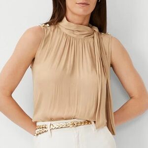 Ann Taylor Sleeveless Tie-Neck Blouse – Camel/Gold – Size M – NWT
